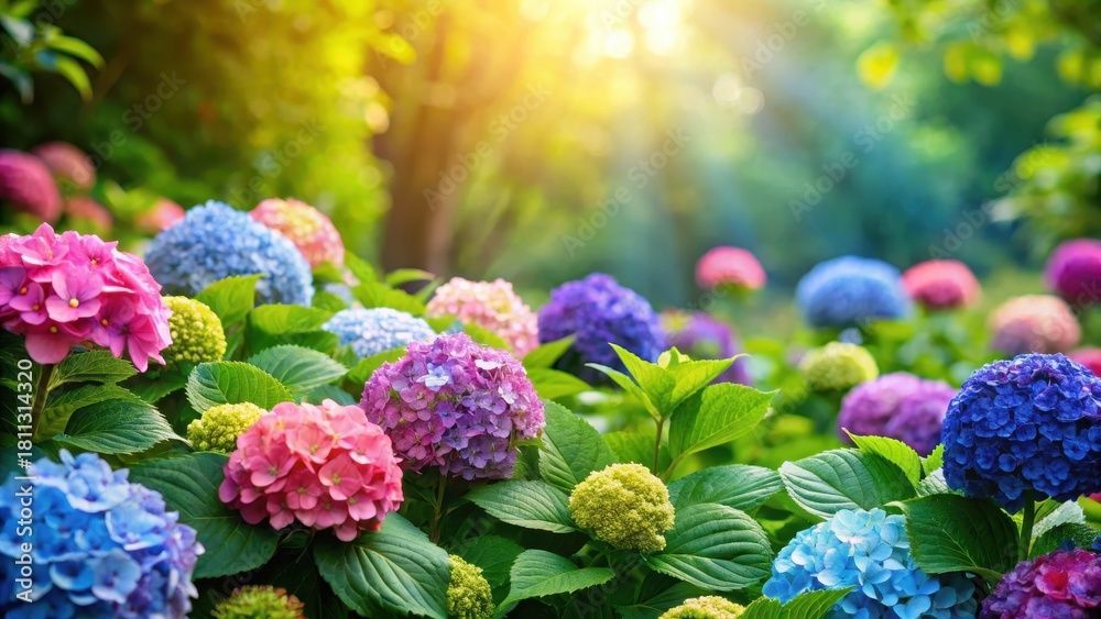 Fototapeta premium Colorful hydrangea blooms in a lush floral border