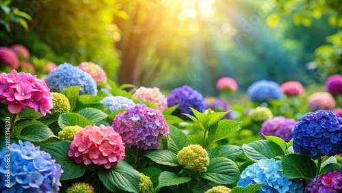 Colorful hydrangea blooms in a lush floral border