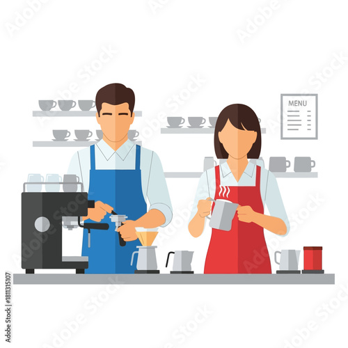 Two baristas preparing coffee drinks behind a cafe counter, working.