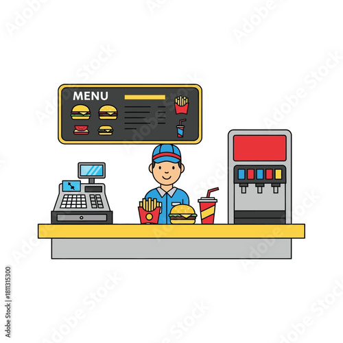 Cartoon illustration of a fast food worker standing behind a counter with a menu board, cash register, and food items.