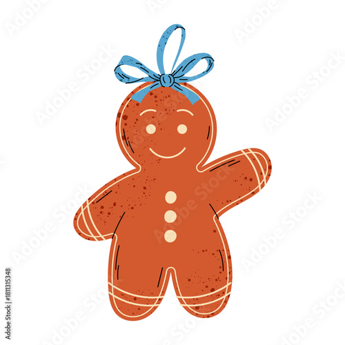 Cute gingerbread man cookie. Christmas tree decoration.  Gingerbread with blue ribbon.