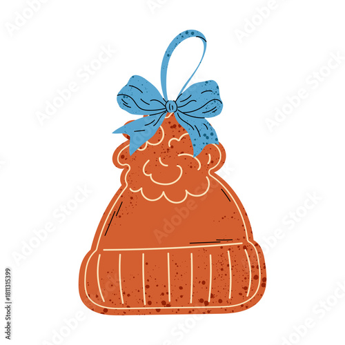 Gingerbread cookies. Christmas homemade festive sweets. Flat illustration gingerbread winter hat cookie with blue bow.