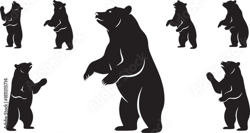 Bear silhouettes collection various poses standing upright big wild mammal vector illustration set