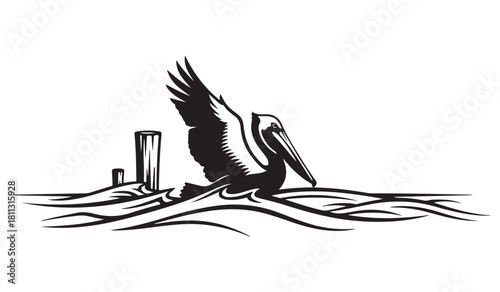 Brown pelican bird silhouette flying over sea water waves near wooden dock pilings graphic vector illustration