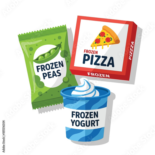 Illustration of frozen food products: peas, pizza, and yogurt, arranged on a white background.