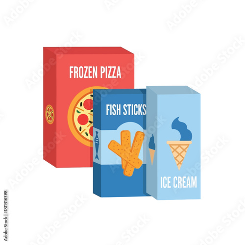 Three boxes of frozen food: pizza, fish sticks, and ice cream, arranged together on a white background.