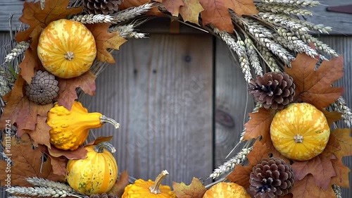 Autumnal harvest wreath adorned with pumpkins, wheat, and seasonal foliage for fall celebrations