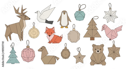 Origami Christmas Decorations Vector Set – Geometric Holiday Animals and Ornaments Illustration