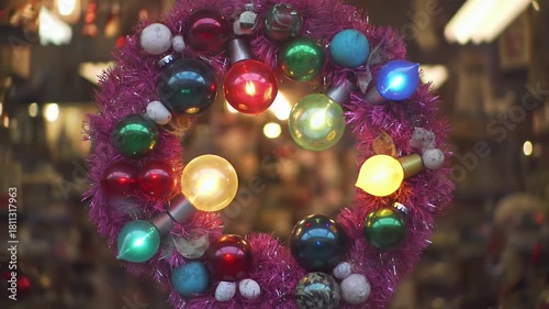 Brightly Illuminated Festive Wreath Adorned with Multicolored Glowing Light Bulbs, Perfect for Holiday Decor and Celebration