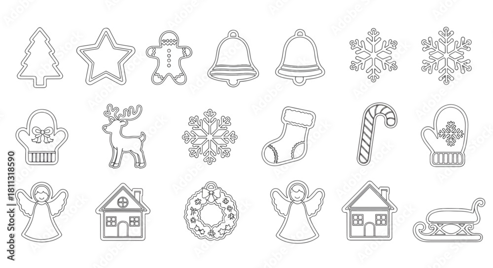 Naklejka premium Christmas Cookie Cutter Shape Vector Set – Holiday Line Art Icons Collection for Design and Crafts