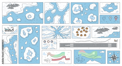 Arctic Map Vector Set with Icebergs, Mountains, and Compass – Polar Expedition Illustration Elements