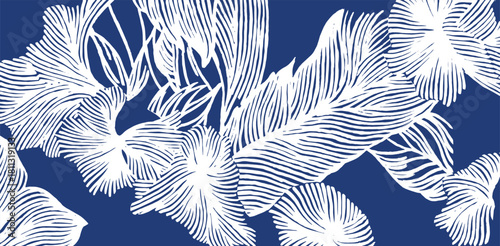 Dense, hand drawn pattern featuring abstract white foliage with detailed parallel line textures against indigo blue background. Elegant and dynamic.