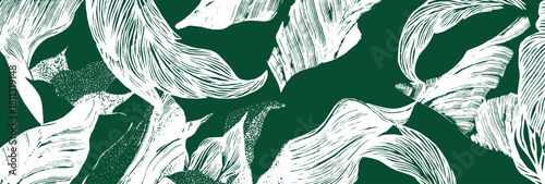 Hand drawn brush line highly textured tropical foliage pattern in white and forest green, Japanese wood carving, block print background, simple graphic for textile, carpet, decoration