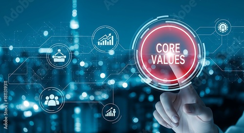 Finger touching a glowing red circle with the words core values inside, surrounded by digital icons and a blurred cityscape background