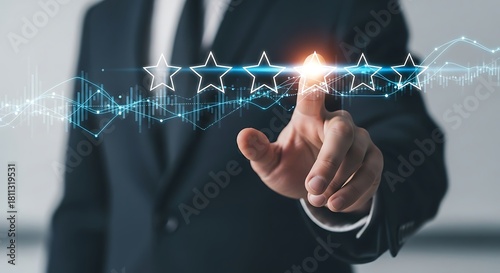 Businessman touching a glowing fivestar rating system on a futuristic interface, representing customer satisfaction and service excellence