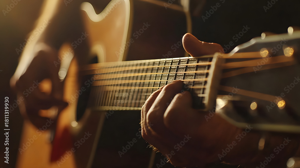Fototapeta premium Retro-inspired guitar image, closeup of electric and acoustic instruments with space for event details