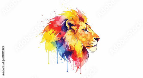 A vibrant, majestic lion profile portrait is dynamically rendered using a bright watercolor splash technique in a bold, flat 2D style against a clean, plain white background.