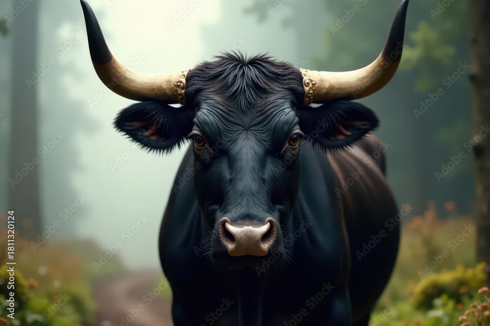 Naklejka premium Powerful black bull with sharp horns, direct gaze , wildlife, horns