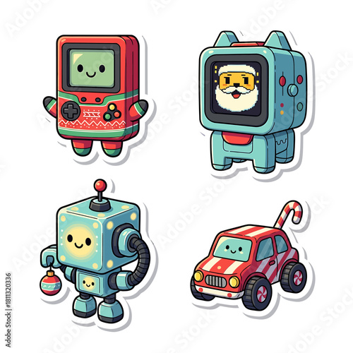 Four cute Christmas-themed cartoon stickers featuring a Game Boy, Santa robot, ornament robot, and candy cane car.