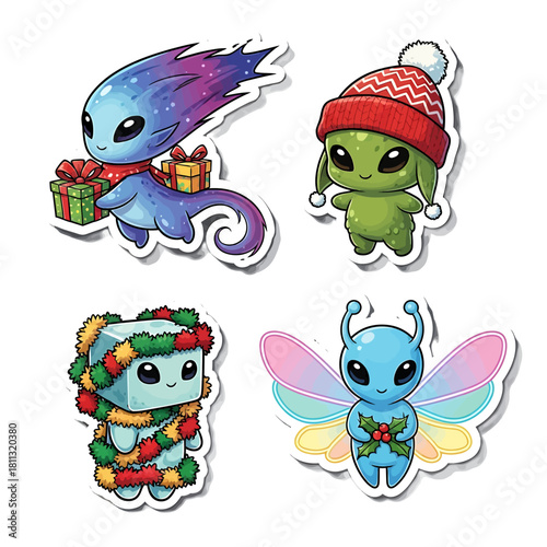 Four cute, cartoonish aliens in festive holiday attire, each holding a gift or decoration.