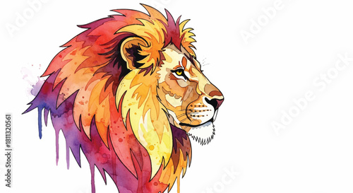 A vibrant and colorful watercolor-style flat 2D lion portrait is showcased in a distinguished profile view, emphasizing the majestic mane against a pristine white background.
