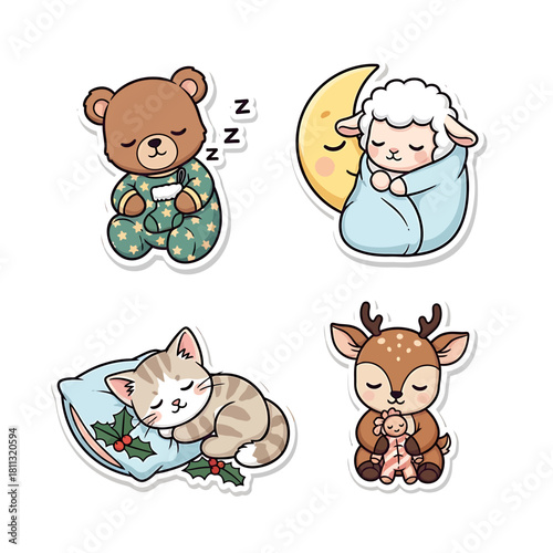 Cute cartoon baby animals sleeping peacefully, including a bear, lamb, cat, and deer, perfect for children's designs.