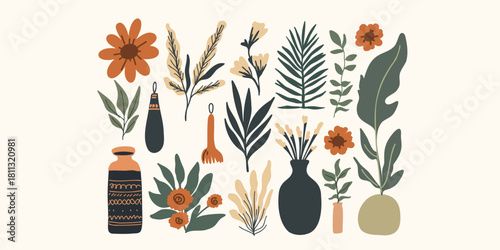 botanical elements flat vector illustration set decorative plants