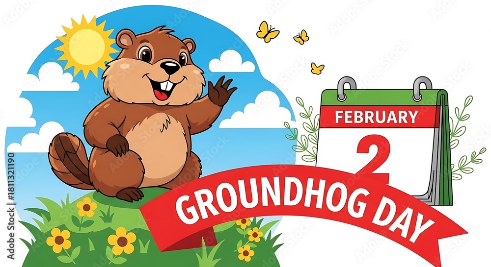 Naklejka premium Groundhog day illustration of waving groundhog with calendar and sun for groundhog day celebration