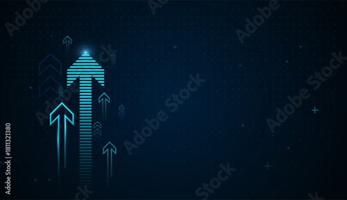 Multiple neon arrows surge upward, symbolizing innovation, progress, with Blue Glowing Arrow Light Background made of glowing blue lines growth and rising Charts Concepts
