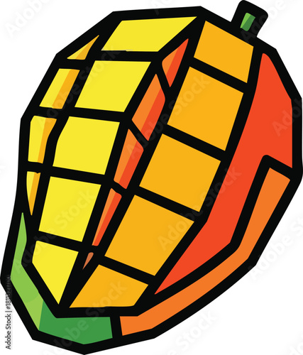 Stylized Mango Fruit With Geometric Design And Vibrant Orange Yellow Green Colors Isolated On White Background