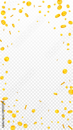 Japanese yen coins falling. Scattered gold JPY