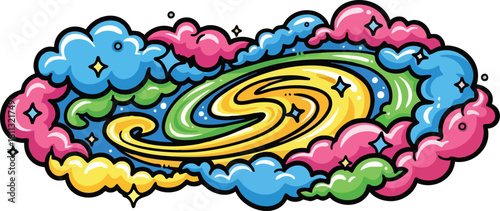 Colorful Spiral Galaxy surrounded by fluffy clouds and sparkling stars in pixel art style