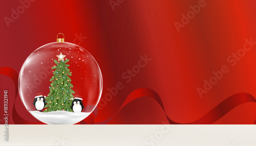 Christmas decorated X mas tree,Cute penguins inside transparent ornament ball on red background.Vector for festive greeting card,Holiday promotion,seasonal design content