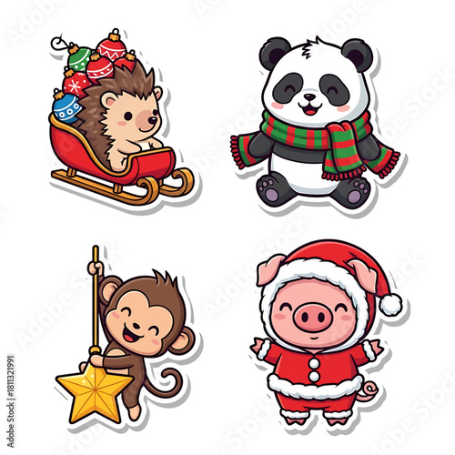 Four cute cartoon animal stickers celebrating Christmas, featuring a hedgehog in a sleigh, a panda with a scarf, a monkey with a star, and a pig in a Santa suit.