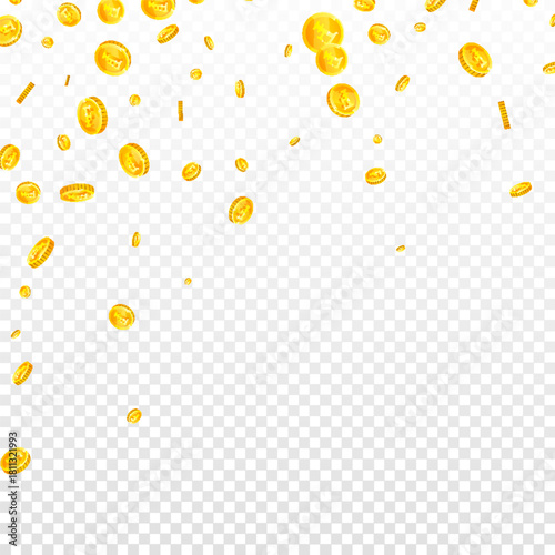 Swiss franc coins falling. Gold scattered CHF