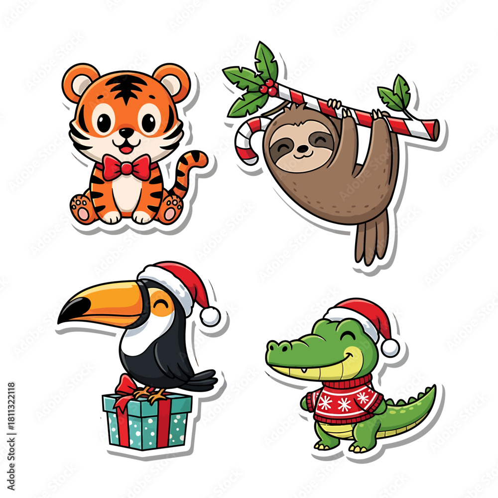 Naklejka premium A charming collection of four cute cartoon animals dressed in festive Christmas attire, ready to celebrate the holidays.