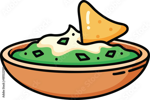 Cartoon Bowl Of Guacamole With A Tortilla Chip And Creamy Topping