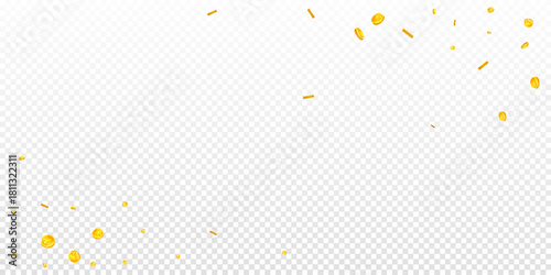 Chinese yuan coins falling. Scattered gold CNY