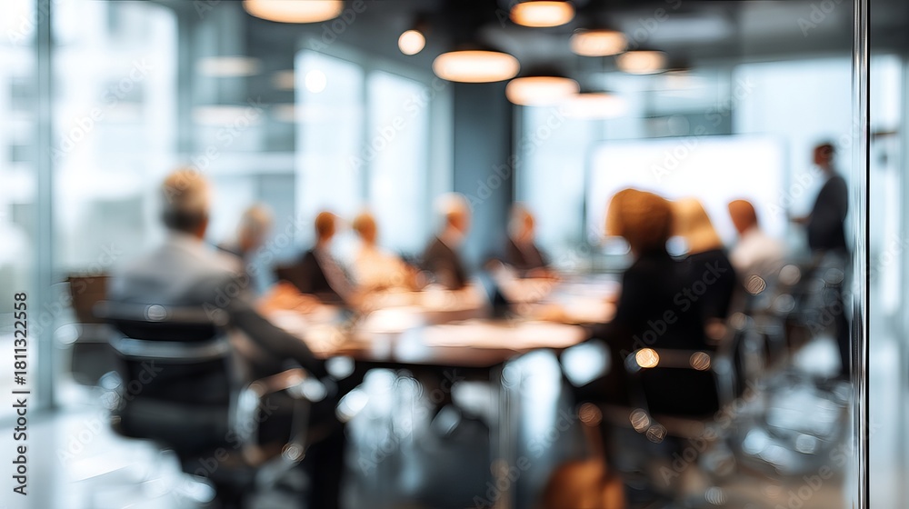 Obraz premium Blurred vision of business team collaborating during meeting in modern office boardroom, creating a sense of dynamic corporate energy and success