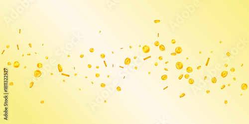 Russian ruble coins falling. Scattered gold RUB