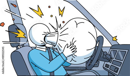 Driver wearing mask hits deployed airbag inside car during accident with visible yellow energy bursts and debris