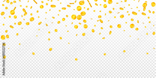 Bitcoin coins falling. Cryptocurrency scattered