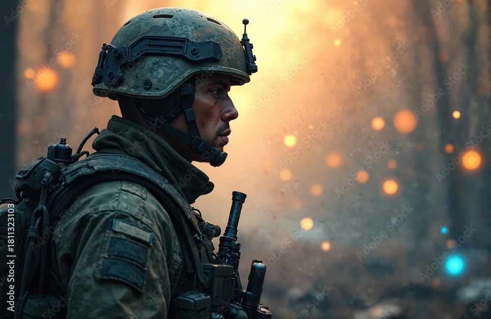 Fototapeta premium Soldier in camouflage uniform with helmet and rifle is ready for combat. Male warrior with tactical gear stands in war zone with blurred background lights and smoke.