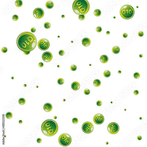 Vitamin Q10 round capsules scattered randomly.