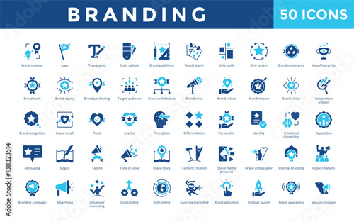 Branding icons set with brand strategy, logo, typography, color palette, brand guidelines icon. Simple duotone vector 
