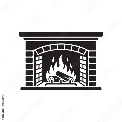Black and white illustration of a fireplace with burning logs
