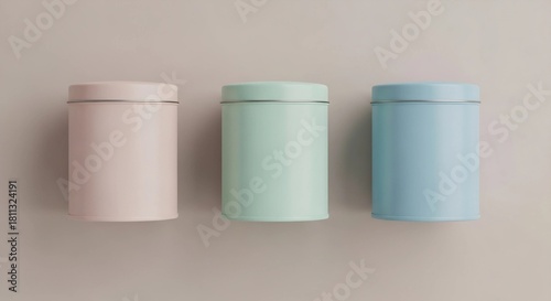 Three pastel colored tin cans isolated on white background, perfect for storing small items or adding a touch of vintage charm to your decor.