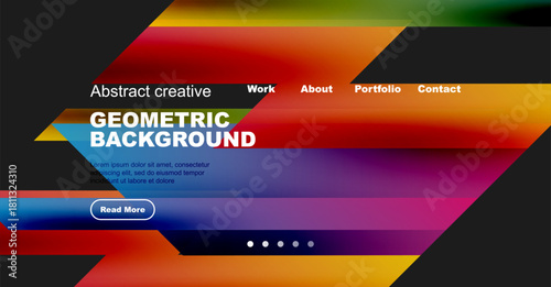 Colorful abstract website header design. Geometric shapes, text elements, navigation menu present. Modern style, vibrant colors dominate composition.
