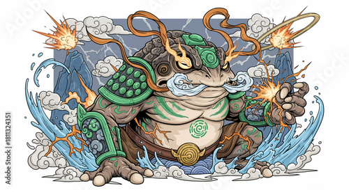 Mythical Japanese Frog Warrior with Fiery Attacks and Water Elements