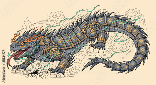 Ancient Armored Mythical Beast Illustration Emerging with Electric Power and Asian Style Clouds